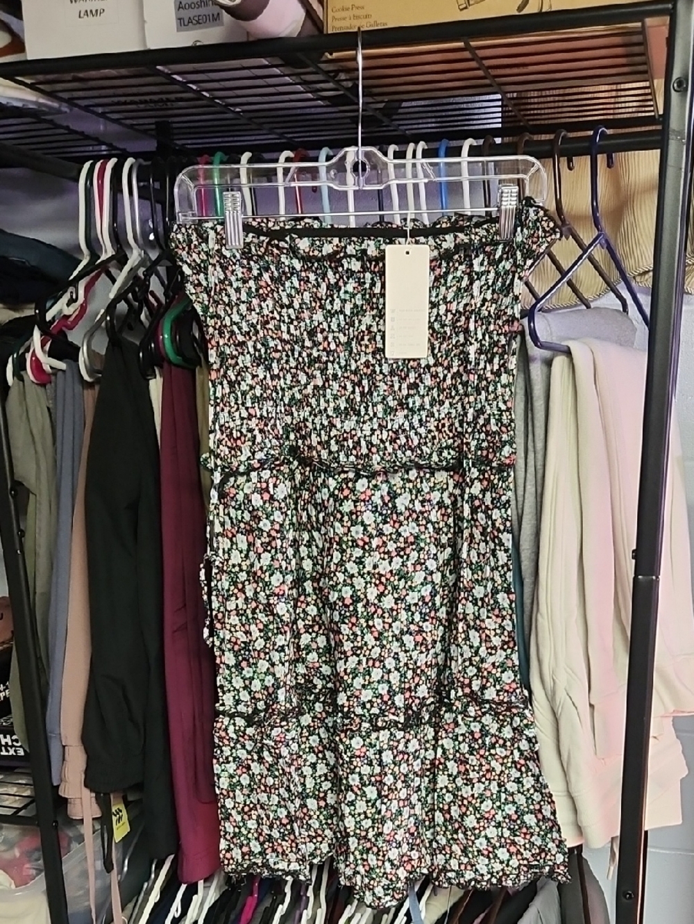Floral Smocked Strapless Sundress - Black with Mint & Coral Flowers